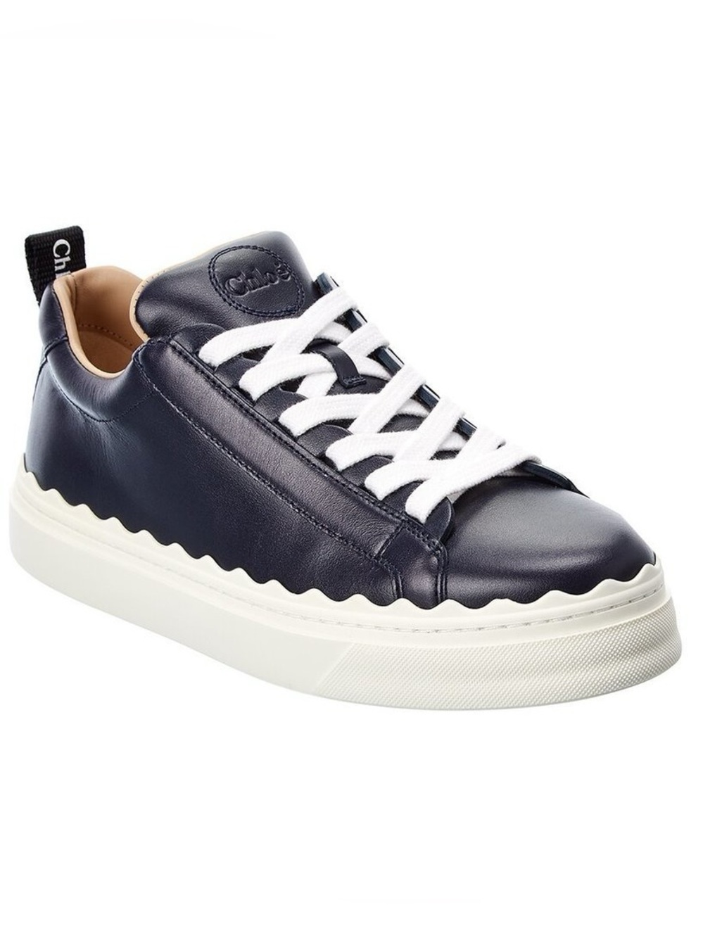 Chloé Lauren Low Top Scallop Leather Sneakers Navy Blue & White Size 39